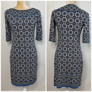 NWT Max Studio Geometric Print Boat Neck Sheath Dress Size S Blue Multi